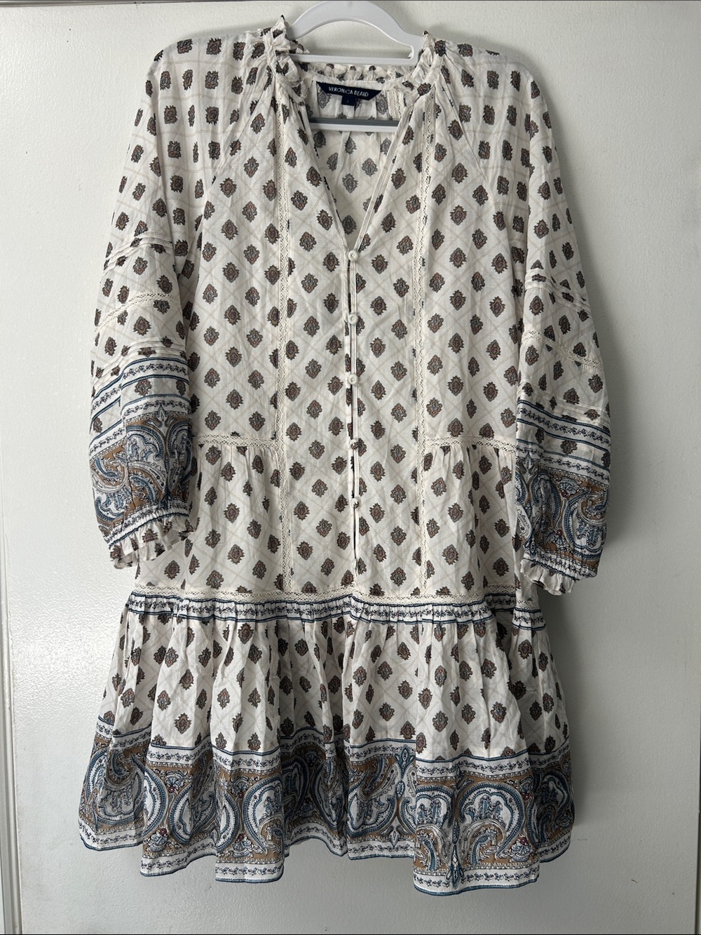 Veronica Beard Cream Paisley-Print Tiered Mini Dress